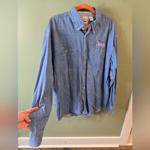 Vintage 90s Embroidered New England Patriots Button Up Denim Jean Shirt mens XL
